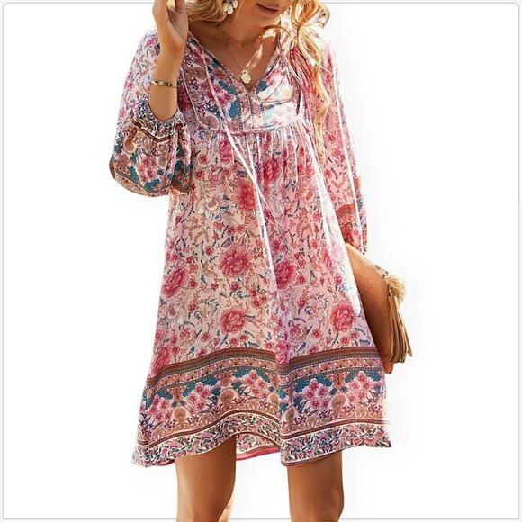 Temofon Pink Floral Boho Chic Bohemian Tie Neck Summer Swing Dress NWT NEW S - Picture 1 of 5